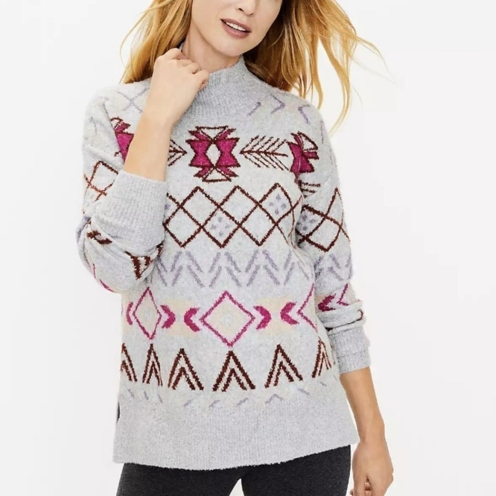 Lou & Grey Sweater Size XS Mock Neck Gray Fair Isle Tunic Winter Comfy Cozy